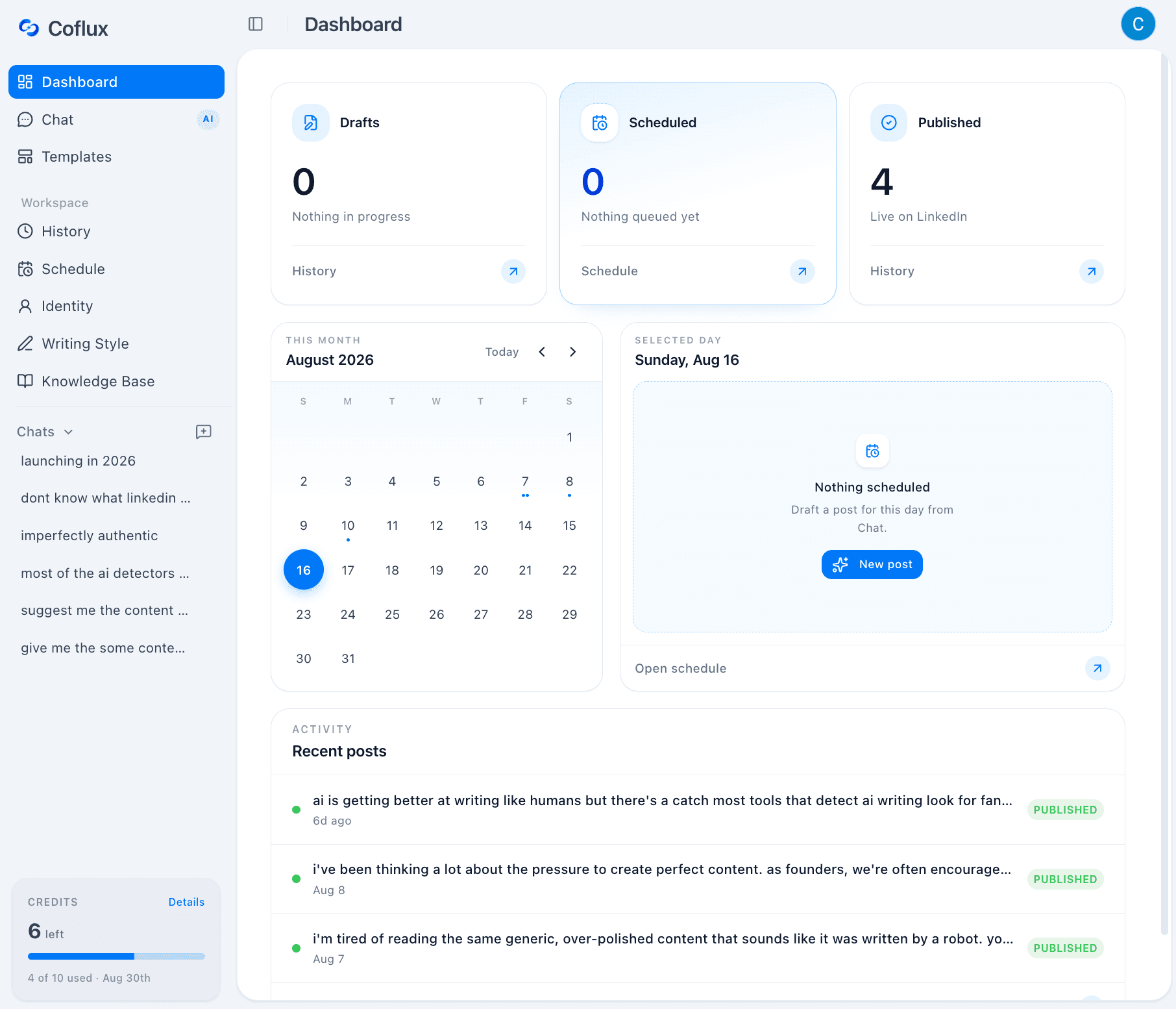 Coflux AI LinkedIn content dashboard showing scheduled posts, generation stats, and post queue